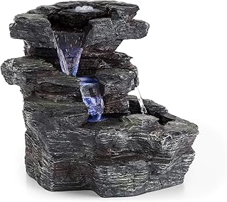 blumfeldt Rochester Falls - Gartenbrunnen, Springbrunnen, Standbrunnen, IPX8, 6 Watt, frostbeständiges Polyresin, Beleuchtung, 3 LEDs, Steinoptik, inkl. Abdeckung, 64 x 43 x 37cm, hellgrau