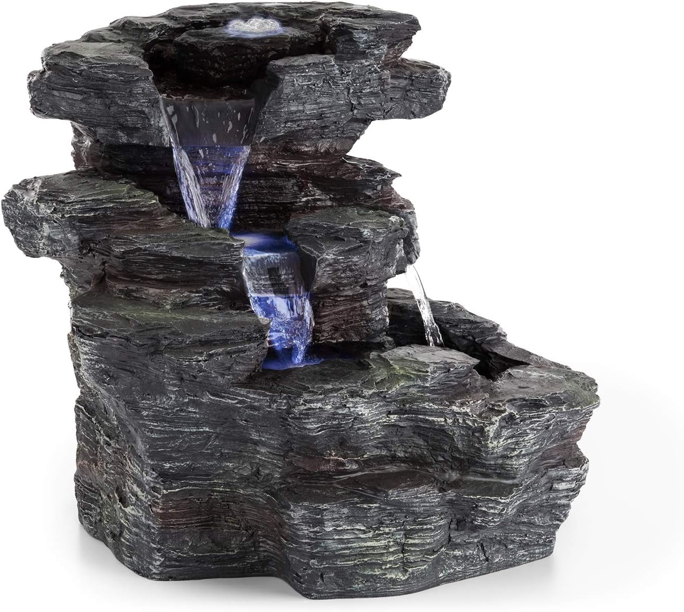 blumfeldt Rochester Falls - Gartenbrunnen, Springbrunnen, Standbrunnen, IPX8, 6 Watt, frostbeständiges Polyresin, Beleuchtung, 3 LEDs, Steinoptik, inkl. Abdeckung, 64 x 43 x 37cm, hellgrau