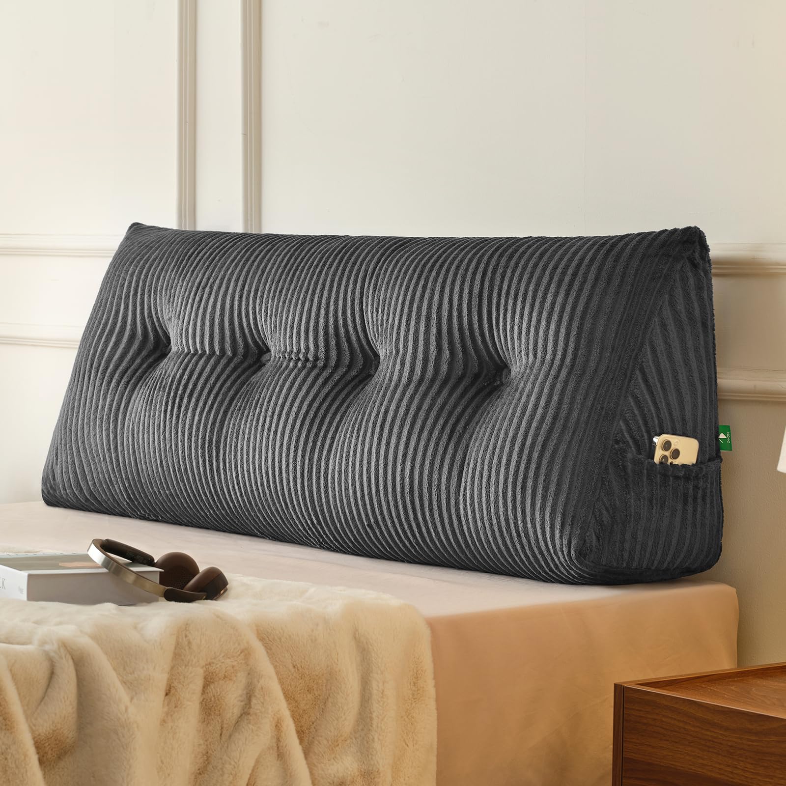 Z-hom Full Headboard Pillow, Triangular Wedge Reading Pillow for Bed or Sofa, Ergonomic Backrest Cushion for Sitting Up, Reading or Relaxing, with Side Pocket，Removable Washable Cover,Grey Image