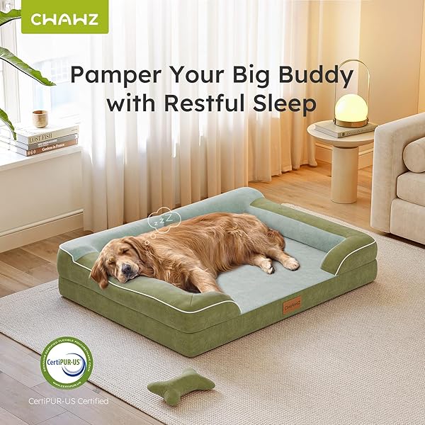 CWAWZ EXTRA LARGE DOG BED, ORTHOPEDIC DOG BED WITH COOLING GEL MEMORY FOAM, WATERPROOF XL PET BED WITH REMOVABLE WASHABLE COVER, 42″ PET SOFA COUCH DUTCH VELVET WITH BONE TOY, DARK GREEN
