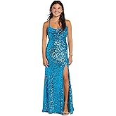 Morgan and CO. Juniors' Long Sequin Cowl Neck Formal Dress | Spaghetti Straps X Back & High Slit Party Cocktail Gown