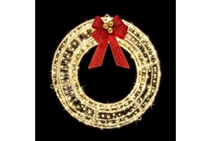 IJG Christmas Wreath with Twinkle Lights, 320 LED Fairy Lights Warm White，16 Inches Christmas Acrylic Lighted Werath Timer with Red Bow for Christmas Party Door Decoration (16Inch White Wreath)