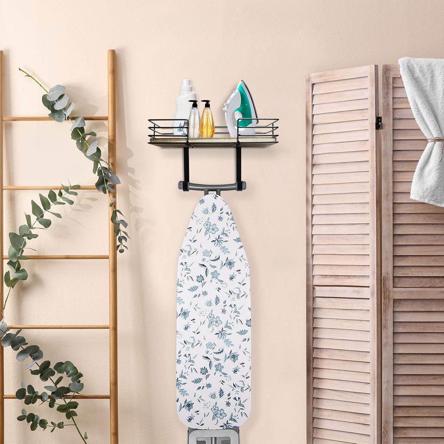 Ironing Board Hanger Wall Mounted, Iron and Ironing Board Holder with Large Storage, Metal Wall Mount with Wooden Base Storage Basket and Removable Hooks for Laundry Room: Home & Kitchen