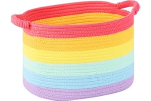 PATVINGOT 13"x10"x9" Cotton Rope Storage Basket, Woven Baskets with Handles for Organizing Home Office, Shelves, Nursery, Laundry, and Toys,Empty Gift Basket (Rainbow, 1 Pack)