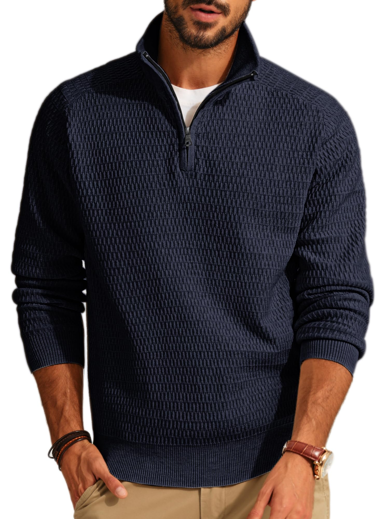 Photo 1 of PJ PAUL JONES Mens Quarter Zip Pullover Sweater Long Sleeve 1/4 Zip Pullover Mens Sweater Mock Neck Knit Sweaters for Men Slim Fit Navy Blue