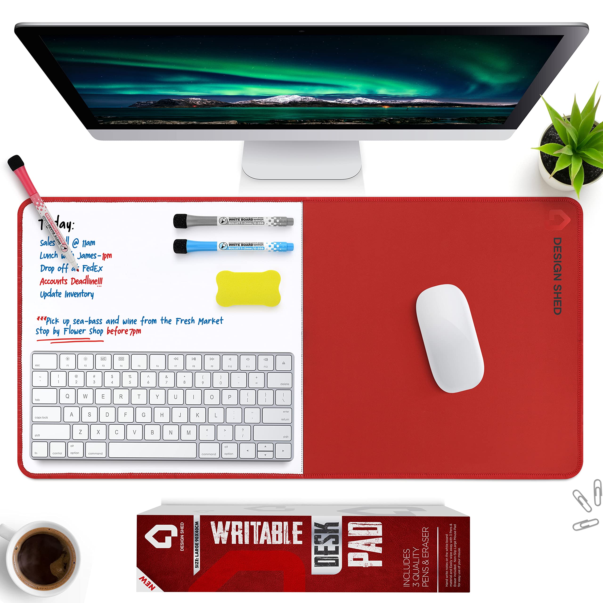 Writable Desk Pad Mat 60x30cm - Red – Premium Office Writing Pad and Desk Protector for Home & Office Accessories - Includes 3 Dry Wipe Pens and Eraser