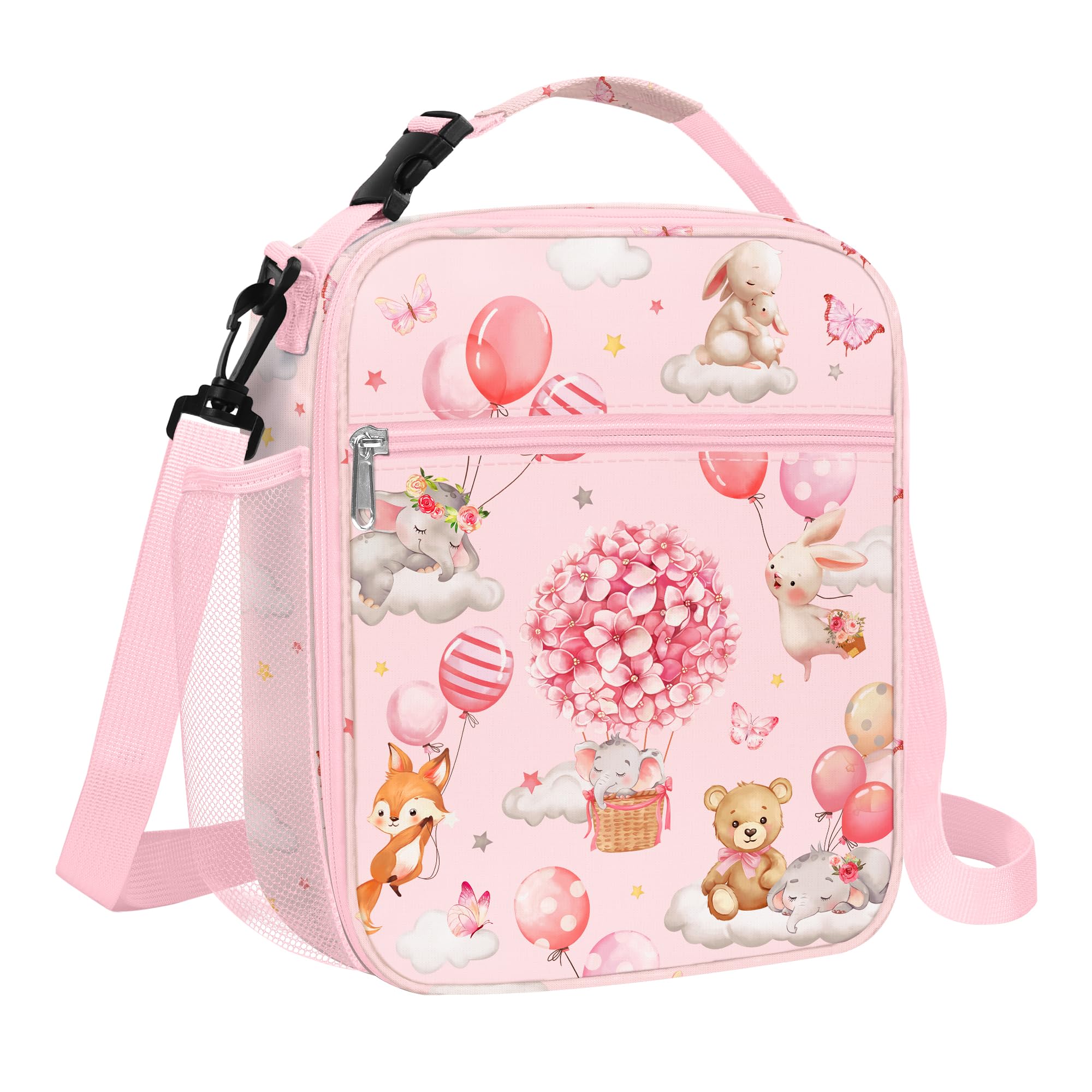 Clastyle Pink Insulated Kids Lunch Bag Large Thermal Cooler Bag for Girl Picnic School Lunch Box Tote,Balloon Animal