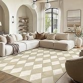 PureCozy 8x10 Checkered Area Rugs for Living Room Beige Machine Washable Large Rug Non-Slip Stain Resistant Low Pile Boho Accent Indoor Throw Carpet for Bedroom Dining Room Home Aesthetic Decor