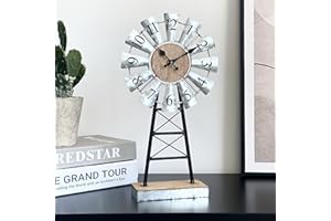 EMAX HOME Rustic Farmhouse Metal and Wood Windmill Table Clock, Decorative Desk and Shelf Clock for Home, Kitchen, Living Room, Silent Battery Operated Windmill Clock Table Decor
