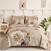 Drucon Floral Comforter Set Queen Size 7 Pieces Bed in a Bag, Khaki Floral Bedding Set, Soft Microfiber Comforter and Sheet Set for All Season (Queen, 90"x90")