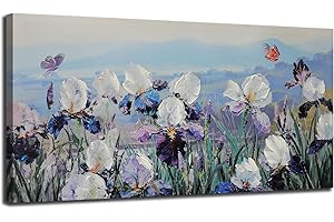 Enartly Flower Wall Art Blooming Purple White Irises Floral Landscape Textured Canvas Painting, Nature Scenery Large Artwork Framed for Bedroom Living Room Bathroom Home Office Wall Decor 40"x20"