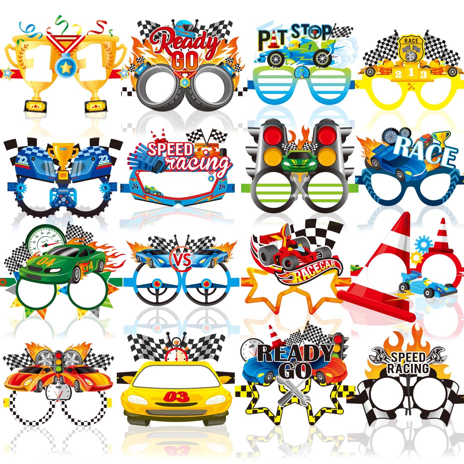 Qpout 32pcs Race Car Party Decorations Racing Paper Eyeglasses Frame Racecar Theme Photo Booth Props Glasses for Boys Race Car Theme Birthday Party Favors Supplies