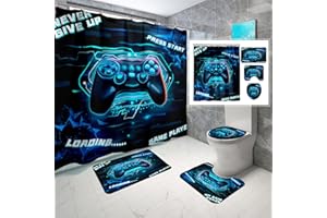 JIOSPET 4 Pcs Game Shower Curtain Set for Boys - Gamer Controller Bathroom Sets Boys, Gamepad Bathroom Sets with Shower Curtain and Rugs Gaming Decor with 12 Hooks, 70" x 70"