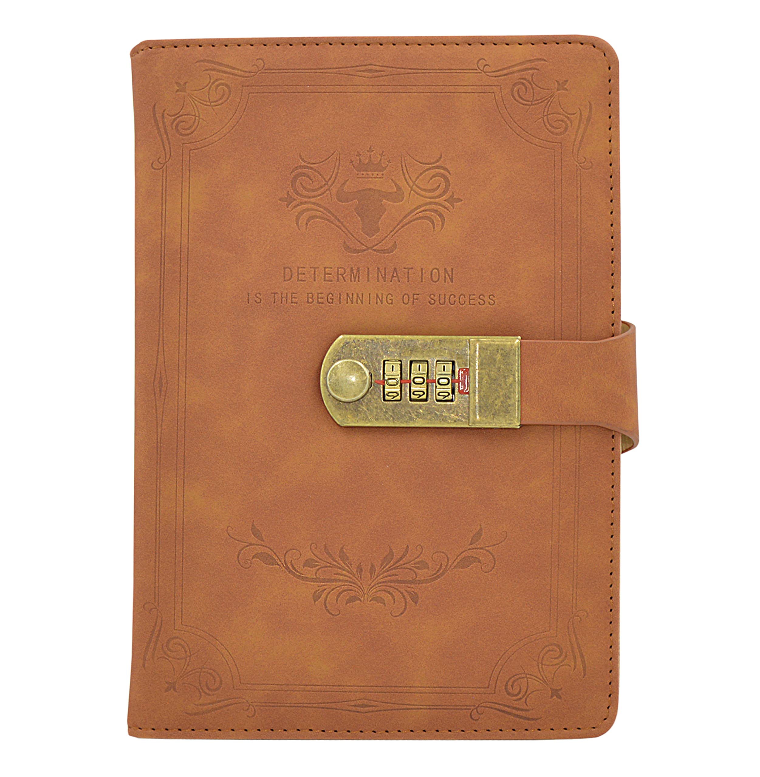 Auvier Diary with Lock, PU Leather Password Lock Notebook, Lockable Journal for Adults with Combination Lock, A5 Writing Notebook Secret Notepad for Office Women Men, Brown