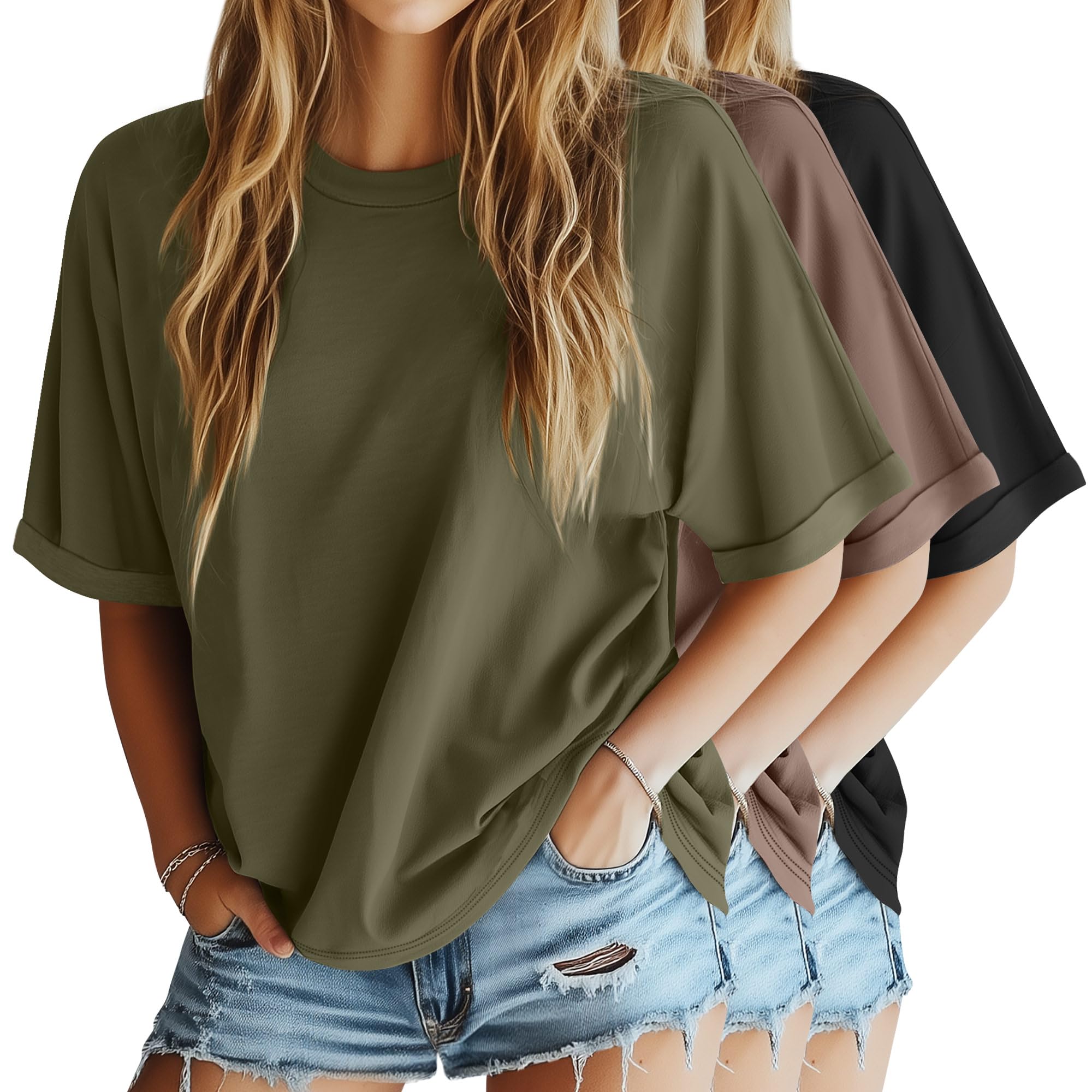 Photo 1 of Riyiper 3 Pack Women's Oversized T Shirt Cotton Half Sleeve Summer Tees Casual Loose Fit Crew Neck Basic Tops(Black, Olive Green, Mocha,Large)