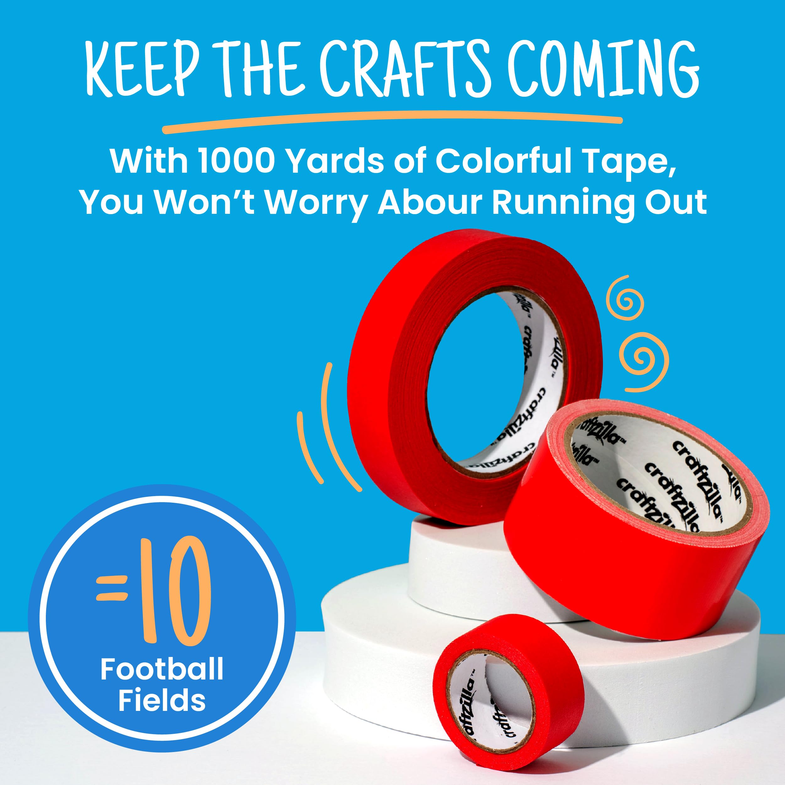 Craftzilla Colored Masking Tape - 10 Roll Multi Pack - 10 Yards Each - Colored Tape 1 Inch Wide - Great for Arts & Crafts, Labeling, and Color- Coding - Teacher Supplies