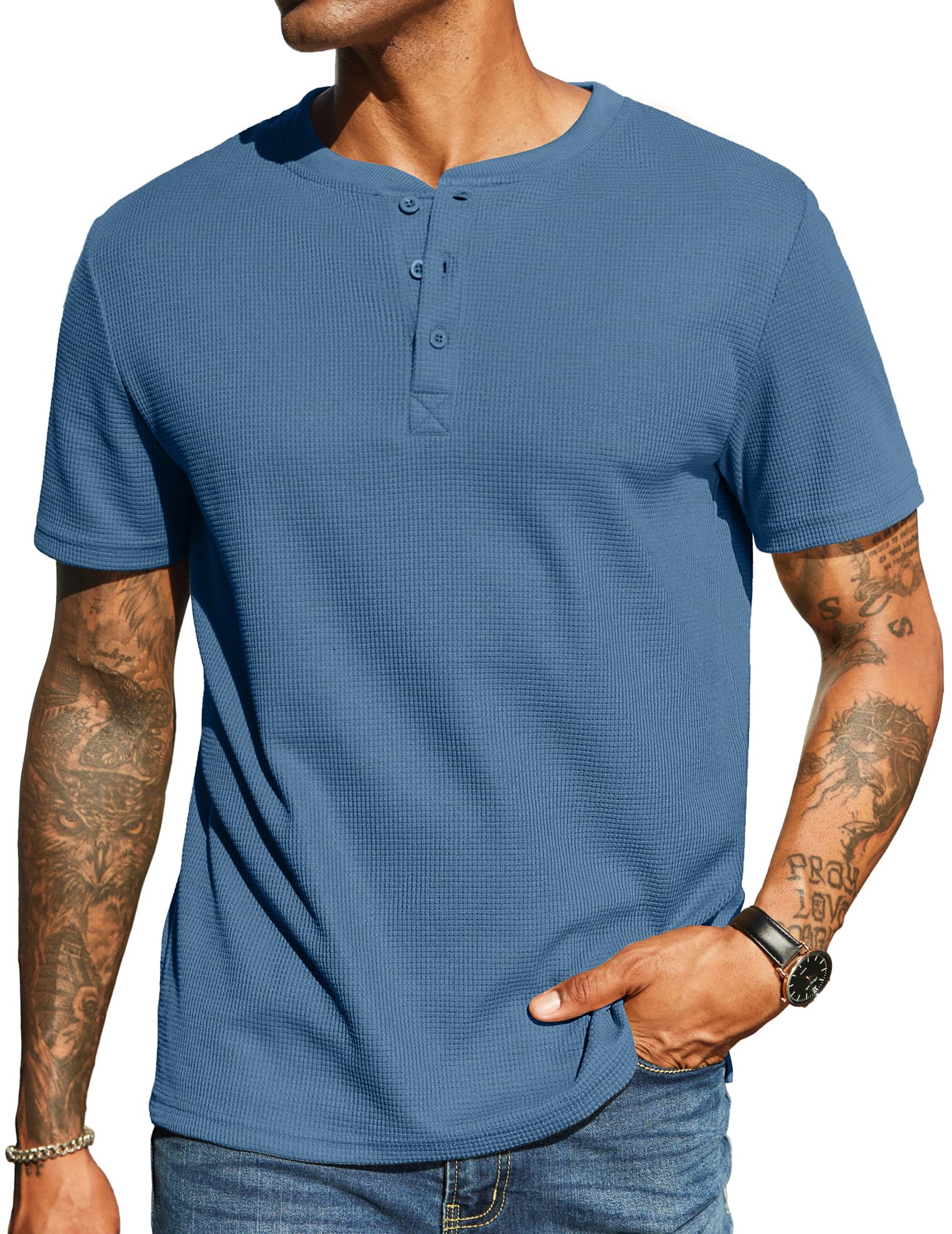 Photo 1 of COOFANDY Men's Textured Henley T Shirts Short Sleeve Casual Waffle Knit Shirt Summer Button Tees Heavyweight Crewneck Henley Tops Blue 3xl