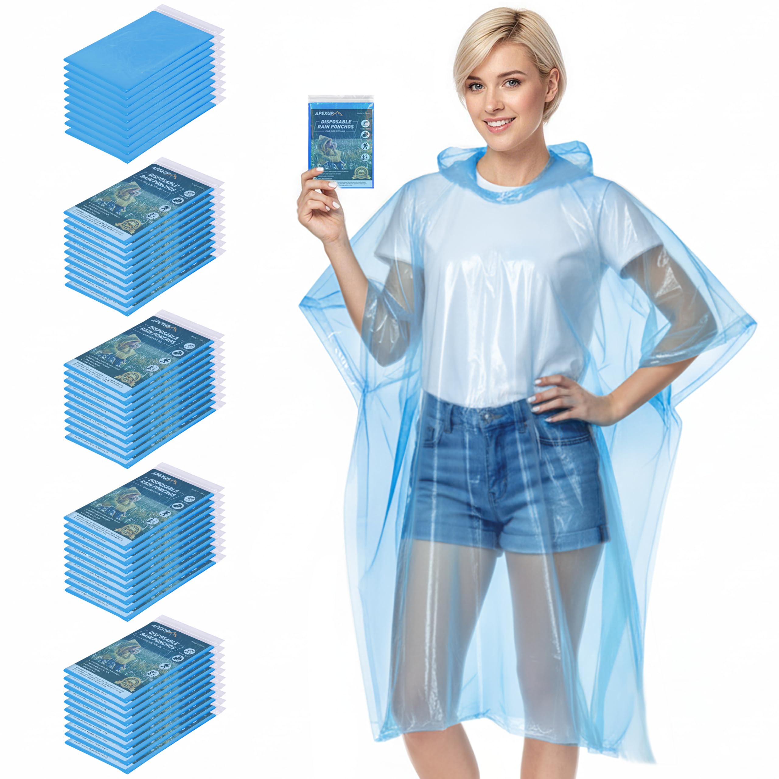 APEXUP Disposable Rain Ponchos for Adults, 5PK/10PK/50PK Emergency Rain Poncho for Camping Hiking Travelling (Blue, 50 Pack) Image