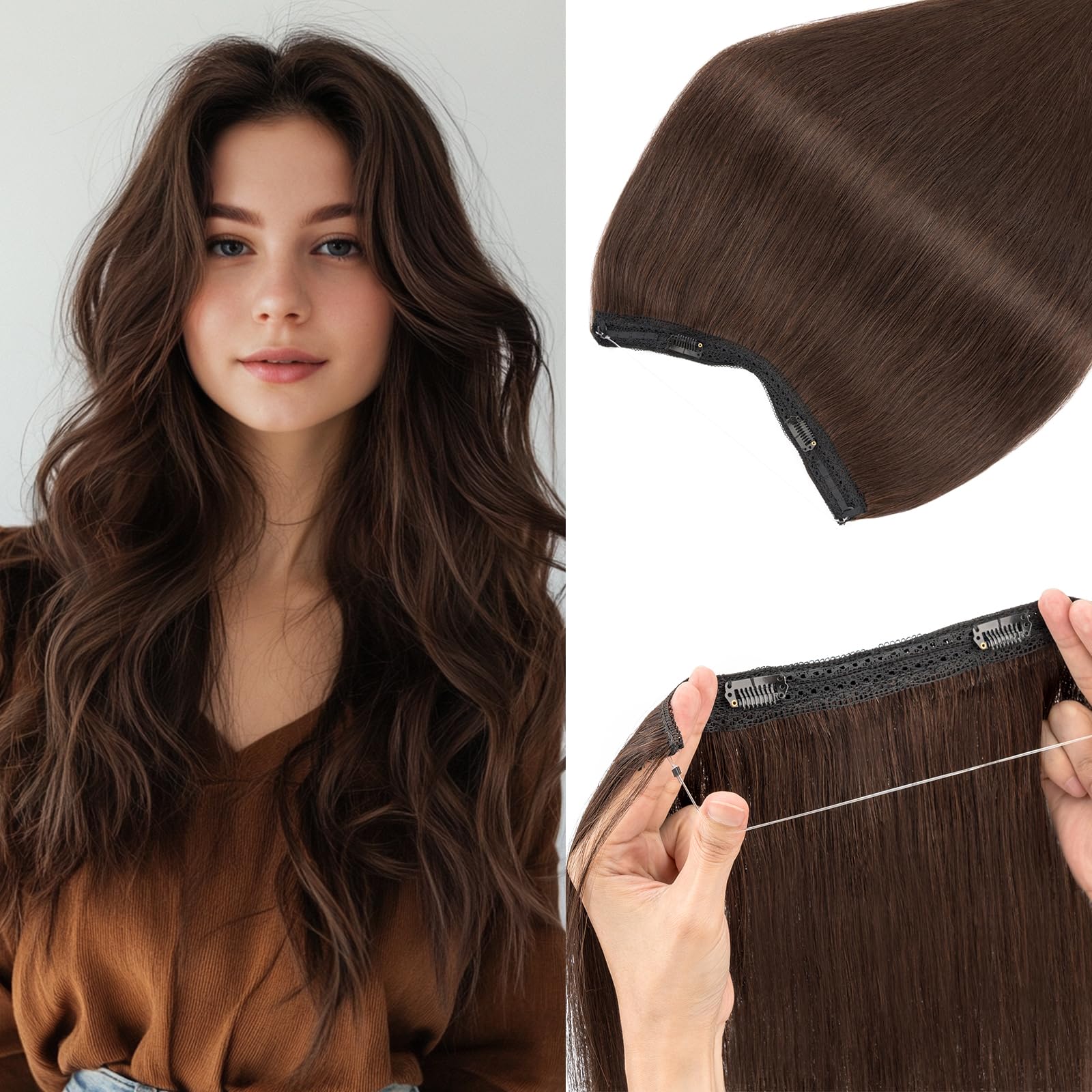 Photo 1 of Rich Choices 100% Real Human Halo Hair Extensions for Women Remy Halo Extension Invisible Wire Hairpiece Clip in One Piece Hairpiece Upgrade Adds Weight 80g 18 Inch #02 Dark Brown