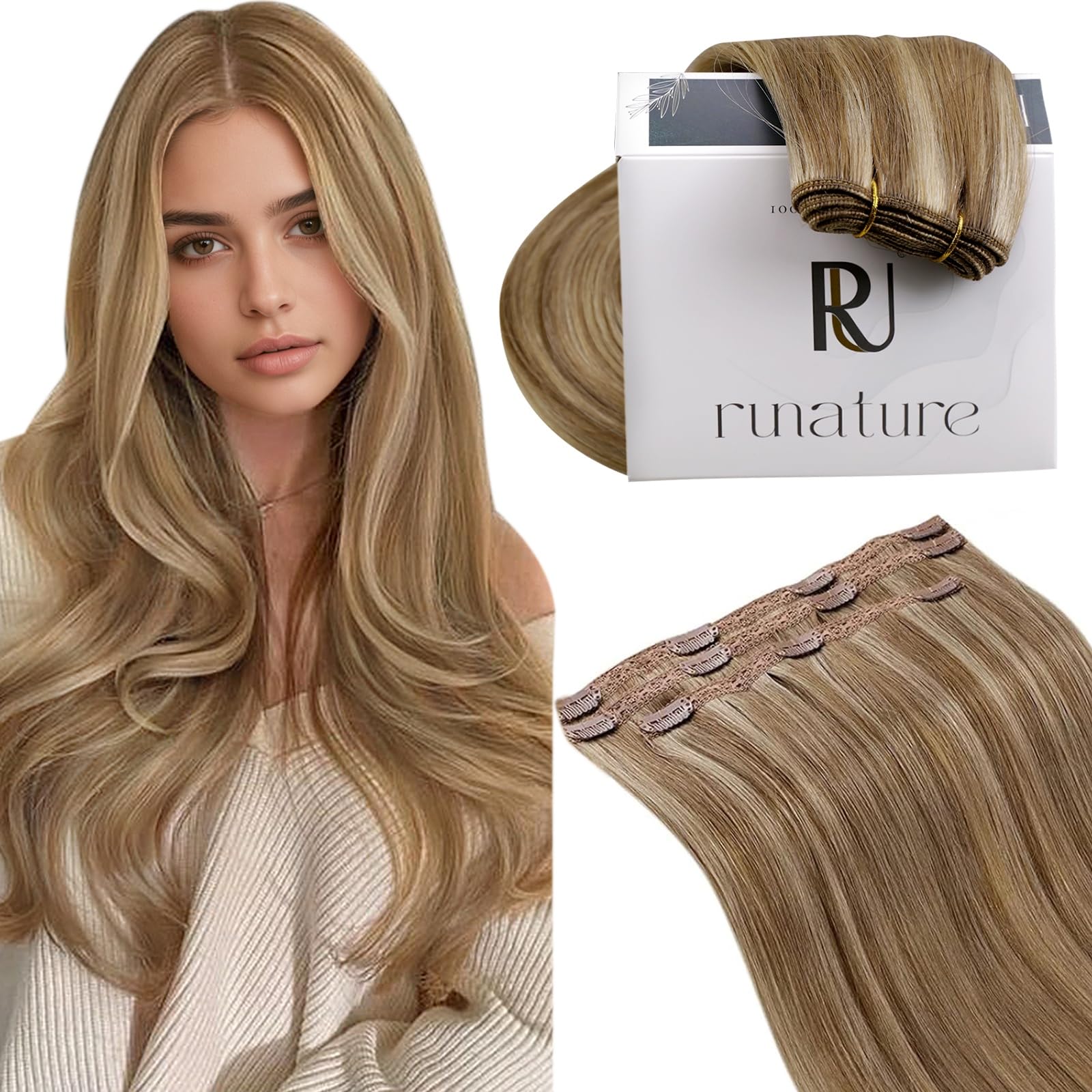 RUNATURE Hair Extensions Clip in Real Hair Extensions Clip in Real Human Hair Golden Blonde Highlight Brown Clip Extension Straight Clip Hair 18 Inch 50g 3PCS — image 1