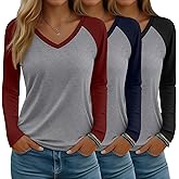 Baggyfly 3 Pack Women's V Neck Long Sleeve Shirts, Raglan Color Block Tees Baseball Style Loose Casual Tops