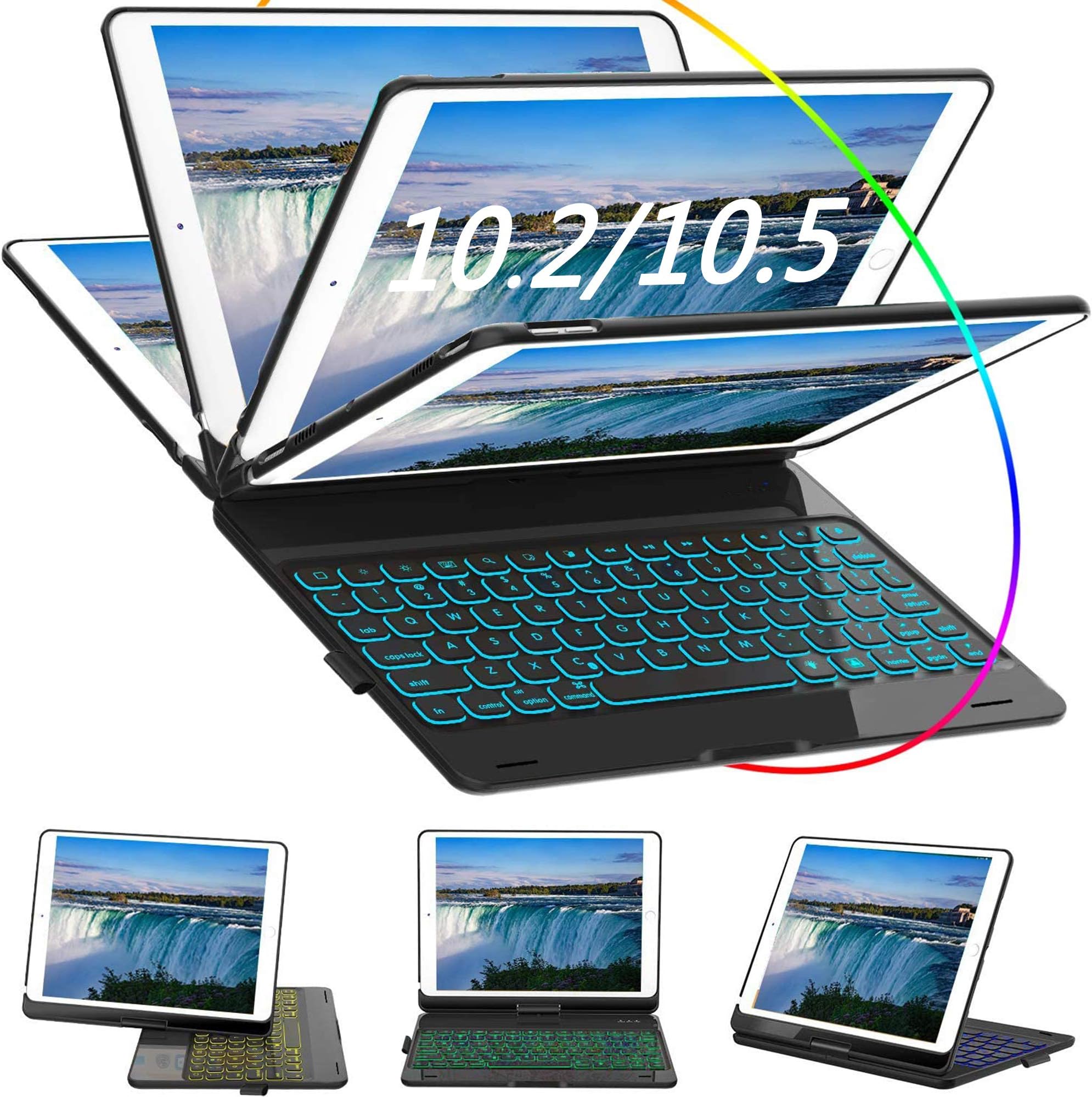 ILEBYGO iPad Keyboard Case for iPad 10.2 inch 8th 2020, iPad 7th 2019, iPad Air 3rd 10.5 inch 2019, iPad Pro 10.5 inch 2017, 7 Color Backlight, 360 Rotatable, Auto Sleep-Wake, Apple Pencil Holder