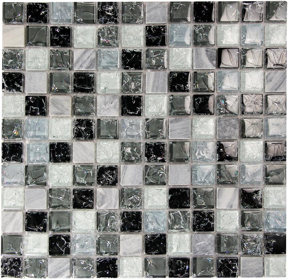 Grey 1x1 Mosaic Glass Tile - Grey Stone, Black and Grey Cracked Glass Tile for Bathroom, Kitchen Backsplash and Floor - Electra GMC 5 (4 x 6 Inch Sample)