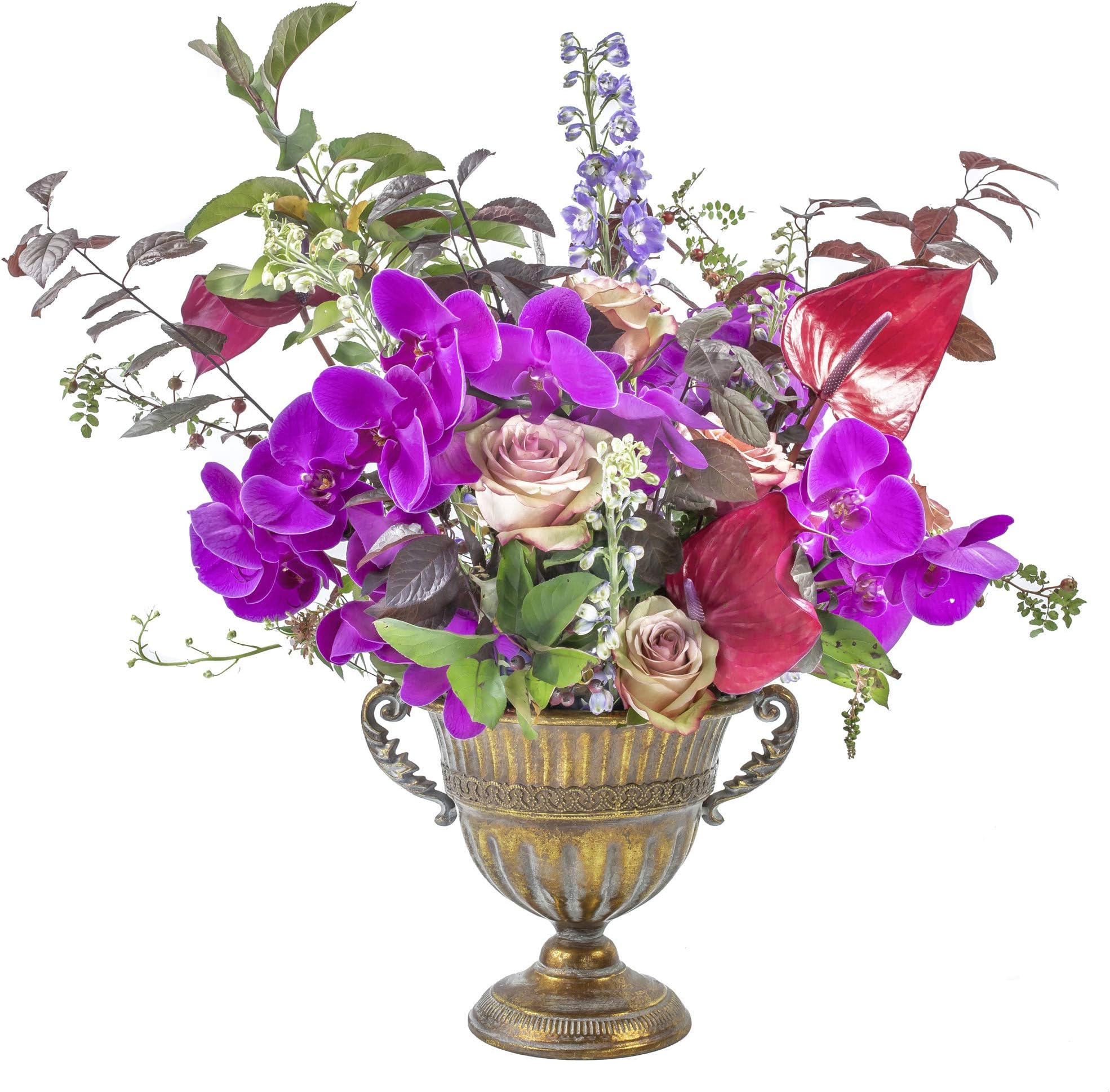 NCYP Vintage Rustic Antique Gold Wrought Iron Grooved Texture Relief Vase with Handles for Wedding Flower Arrangement, No Plants Included
