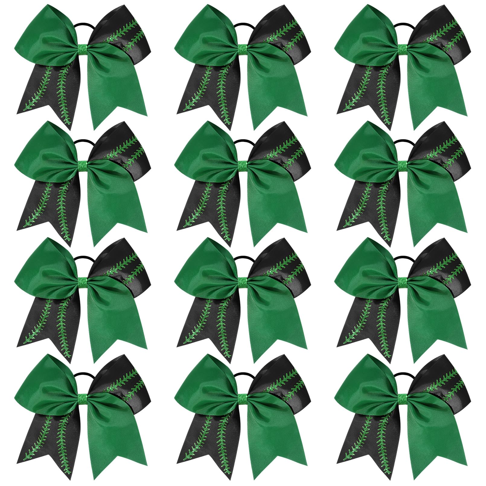 Photo 1 of DEEKA 12 PCS Softball Cheer Bows with 2 Glitter Stitching Two Toned Cheerleader Team Bows Elastic Band for Softball Sports Girls (Green/Black+Green Stitching)