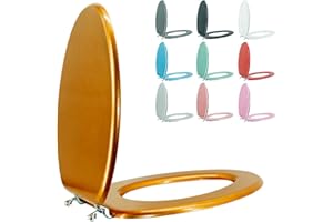 BLOFDE Elongated Toilet Seat Wood Toilet Seat Prevent Shifting with Zinc Alloy Hinges American Standard Size Toilet Seat Easy to Install also Easy to Clean(Elongated,Sparkling Classical Gold)