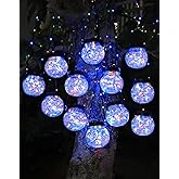 PARTPHONER Solar Lights Outdoor Waterproof 12-Pack, Solar Powered Hanging Lantern Cracked Glass Hanging Globes for Yard Decor Christmas Decoration, Shepherd Hook, Garden Tree Ornaments, RGB