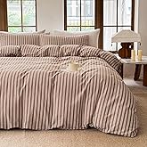 BESTDESIL Striped Duvet Cover Set 100% Washed Cotton Linen Like Soft Feelling Breathable Bedding(Burnt Orange/White Strip,Queen)
