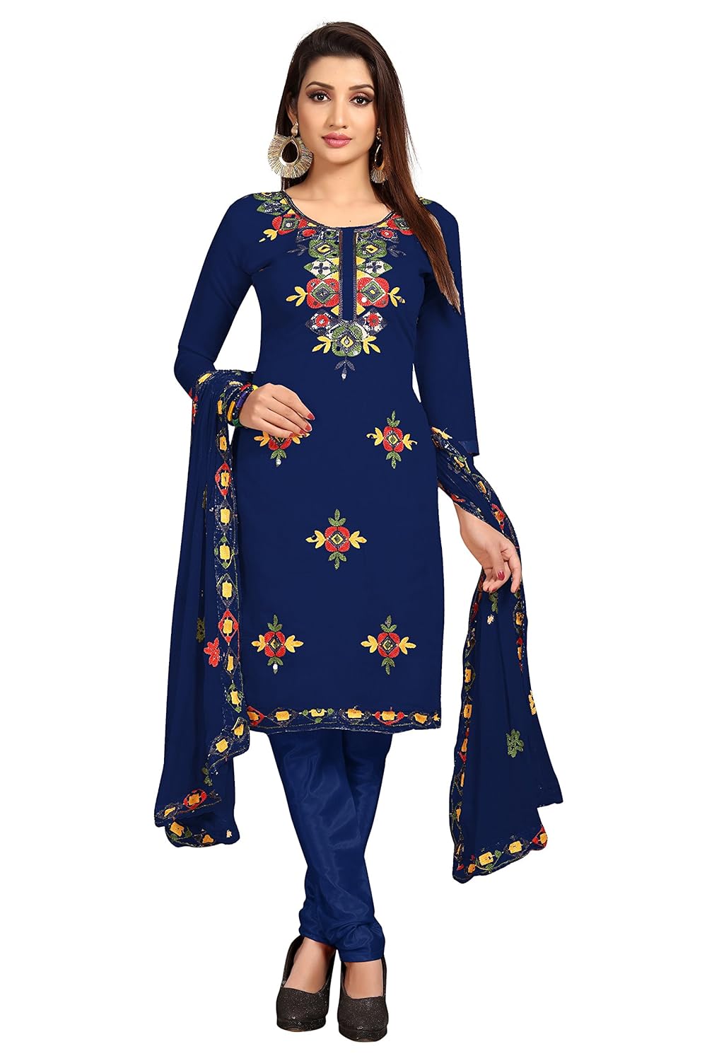 sretan women's chanderi cotton un stitched dress material (embroidered blue color)