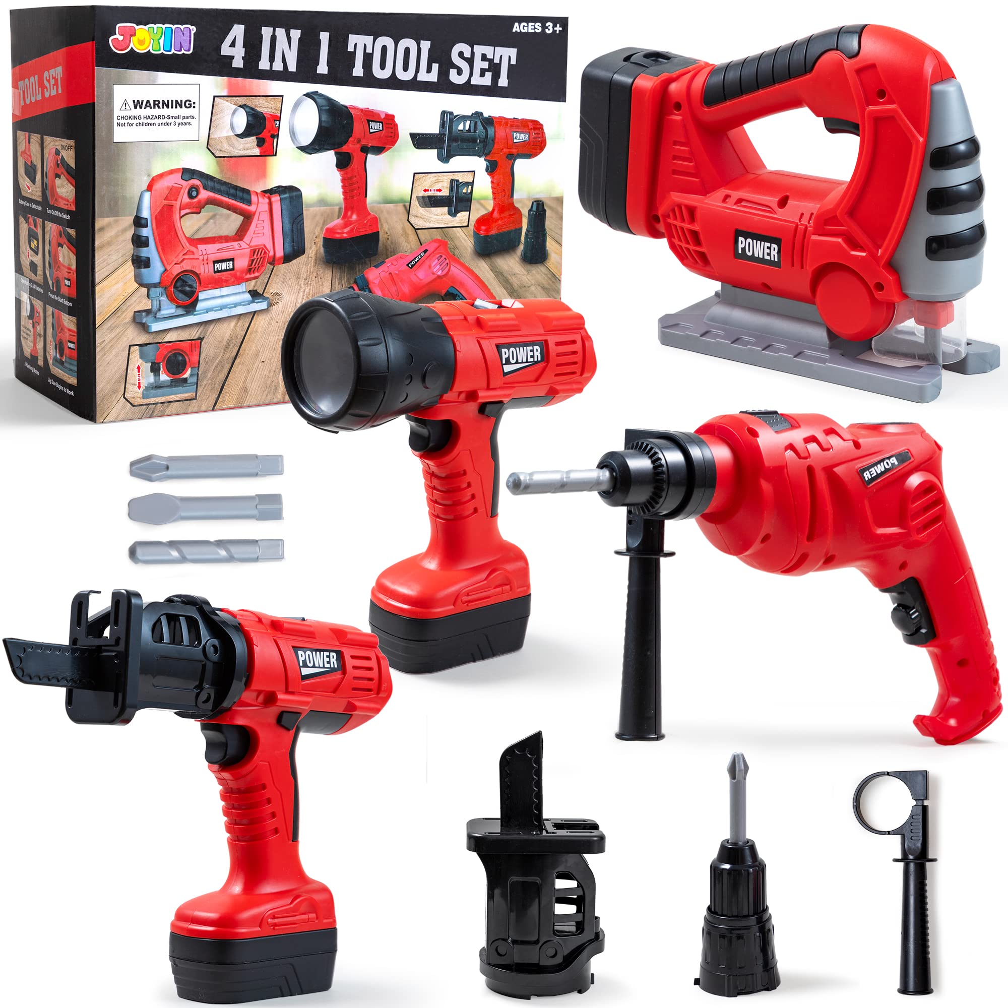 Photo 1 of JOYIN 4-in-1 Kids Tool Set, Pretend Play Toddler Tool Toys, Construction Playset with Flashlight, Saw Tools and Electric Drill for Boy Girl Halloween Present Birthday Dress Up Party Favors