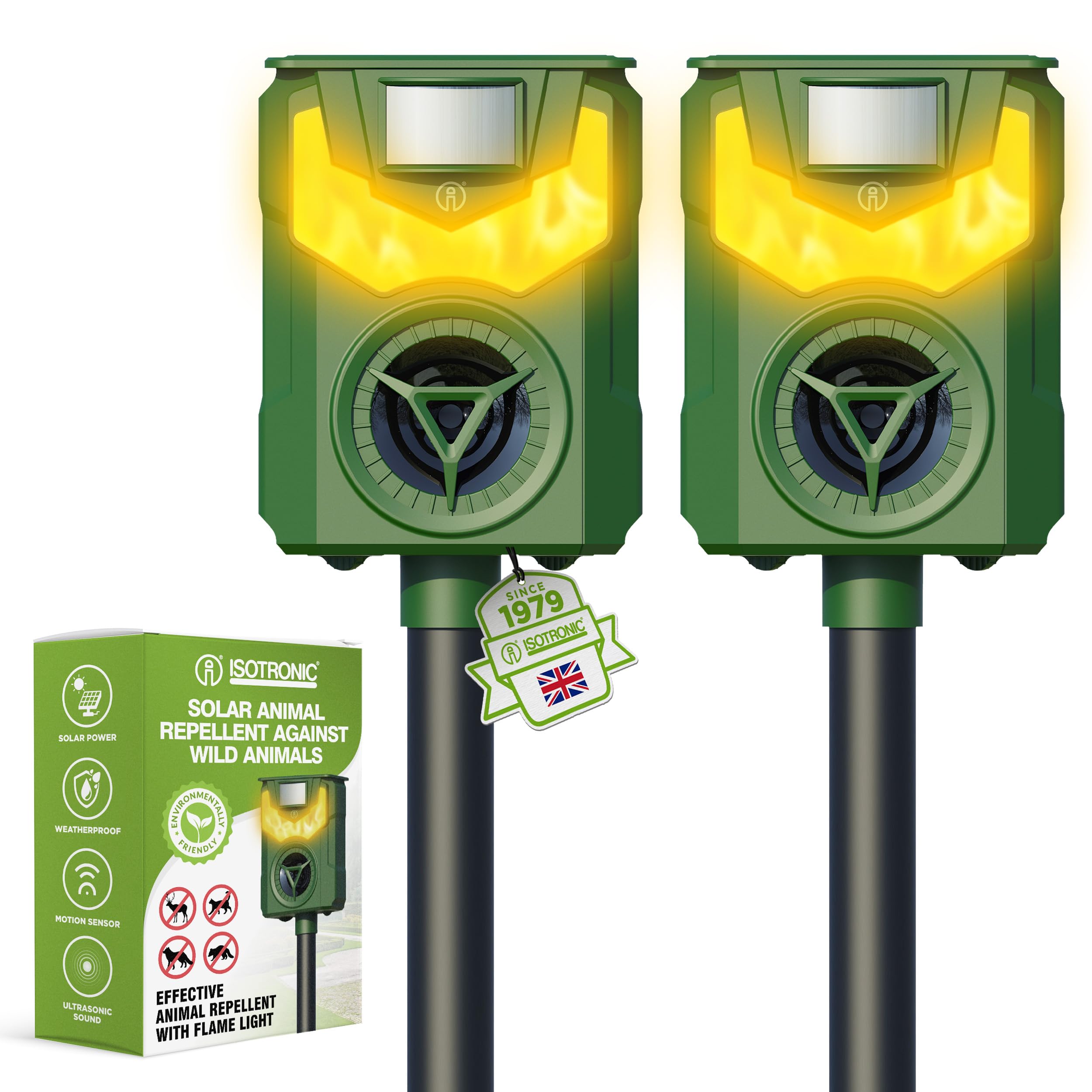 ISOTRONIC Solar Animal Repellent with Frequency + Flashing Light | Against Wildlife such as Raccoons, Deer, Foxes, Wild Pigs and more – Effective Animal Repellent, 2 Pieces