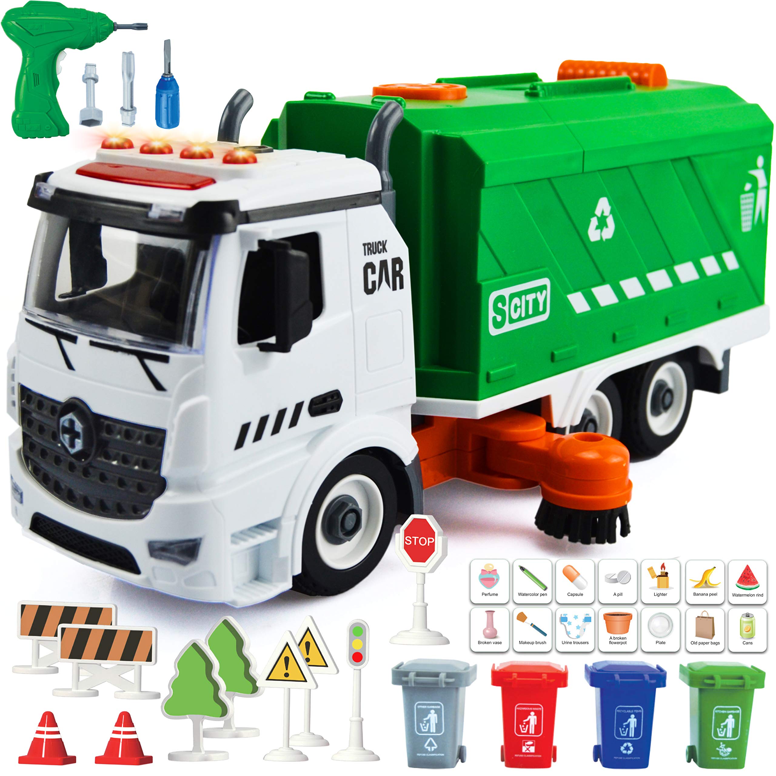 71 Pcs Take Apart Garbage Truck Playset - 1:12 Scale Push & Go + Electric Drill, Sounds & Lights, Road Signs Set, 4 Trash Cans & 40 Flash Cards for Learning - Recycling Truck for boys ages 4 5 6 7 8 +