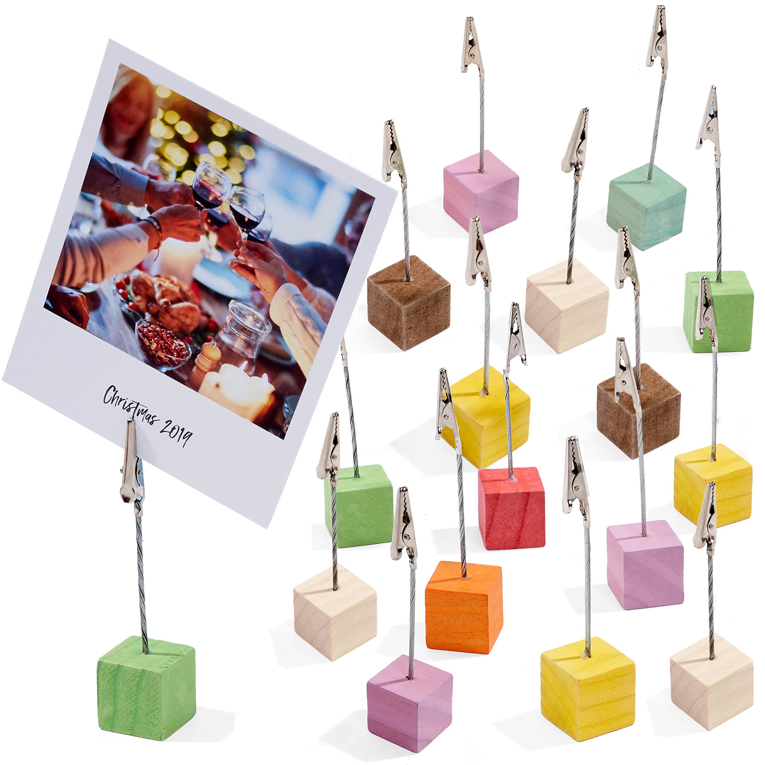 The Twiddlers - 18 Photo Clip Holders, Memo Name Card Table Display Picture Display Stand - Wooden Cube in Assorted Colours for Christmas Decorations