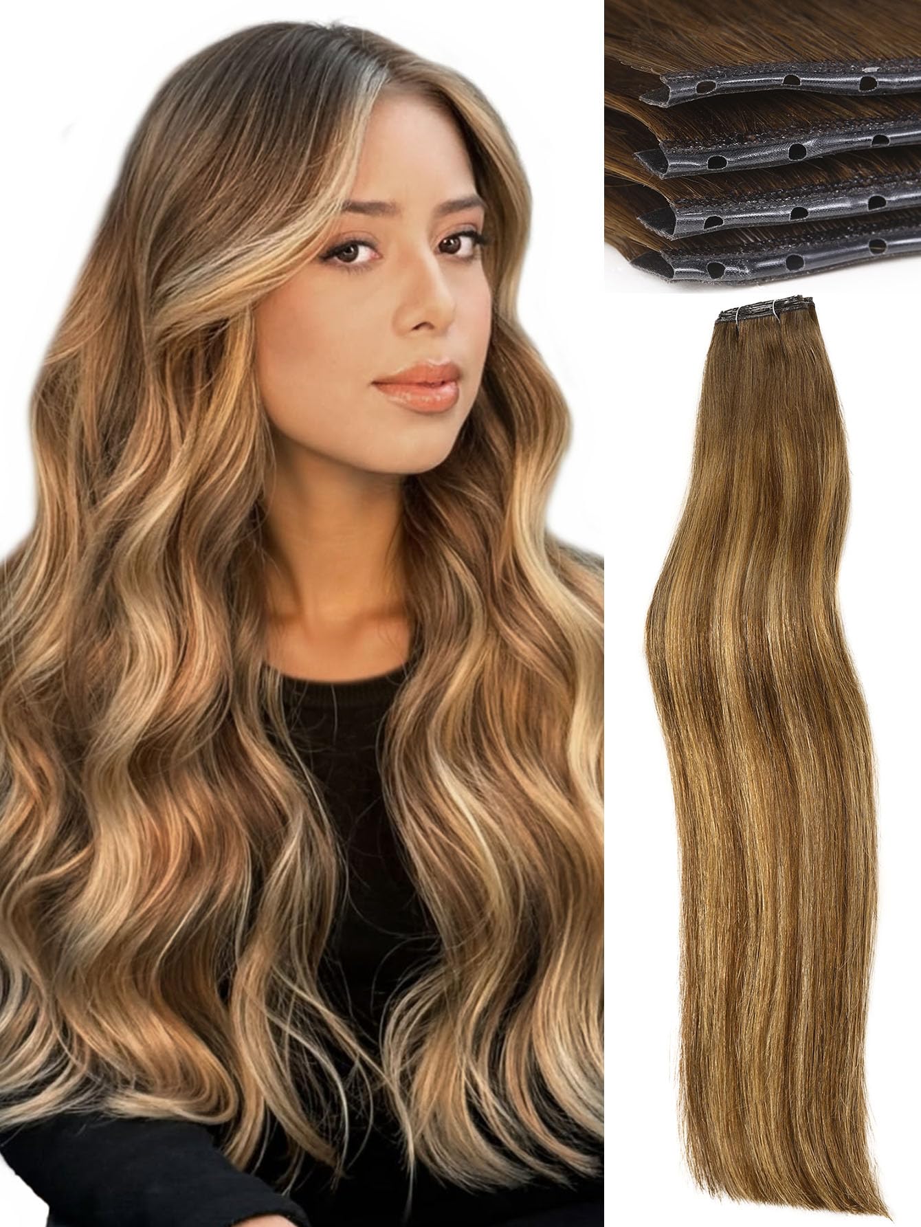 Photo 1 of WIGNEE 20 Inch Double Invisible PU OVO Human Hair Extensions 100% Remy Human Hair Weft Highlight Honey Blonde Hair Extensions Human Hair 2PCS Glueless Wefts Micro Beads Hair Extension (T4/27)