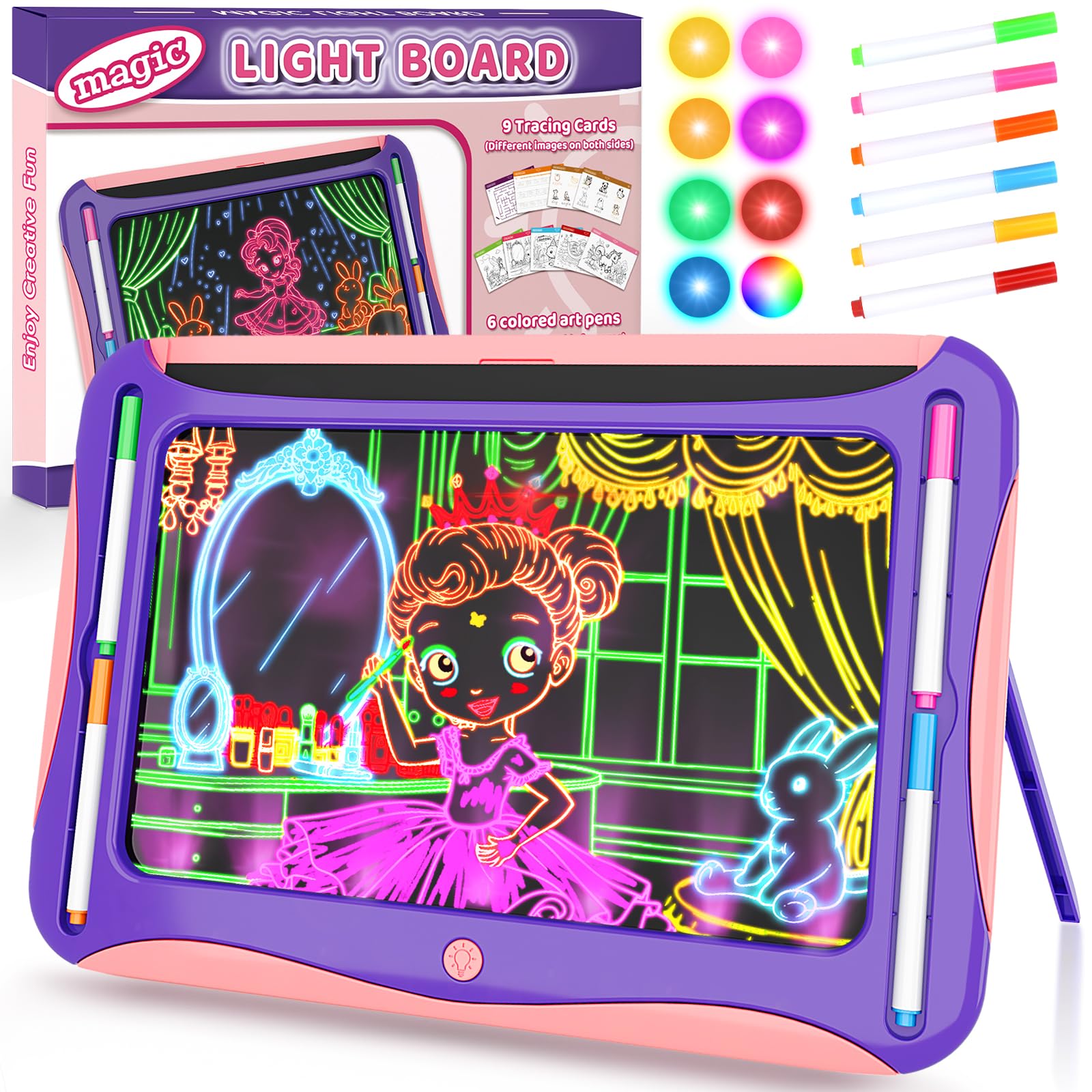 Photo 1 of Magic LED Drawing Board for Kids, Girls Toys Age 6-8, Light Up Tracing Pad with 9 Double-Sided Cards, 6 Washable Markers, Arts & Crafts Kits Learning Toy Glow Up Doodle Board Christmas Birthday Gifts
