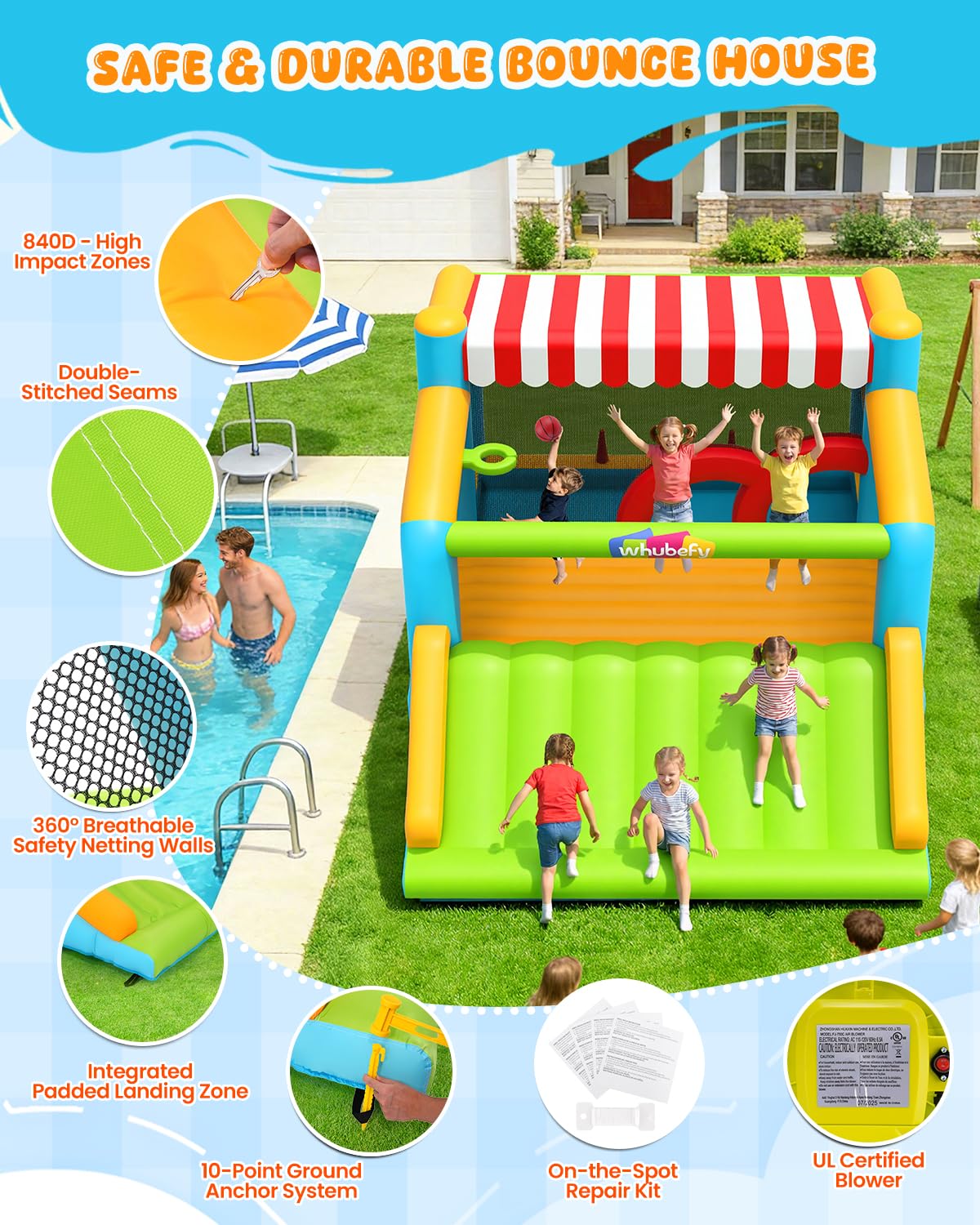 Whubefy Large Bounce House for Big Kids 8-12, 16x11.5FT Kid 3-6 Inflatable Obstacle Course w/XXL Slide, Jump Zone, Water Pool, Obstacle Bars, Ring Toss, 750W Blower, Outdoor Bouncy Castle Holds 6 Kids