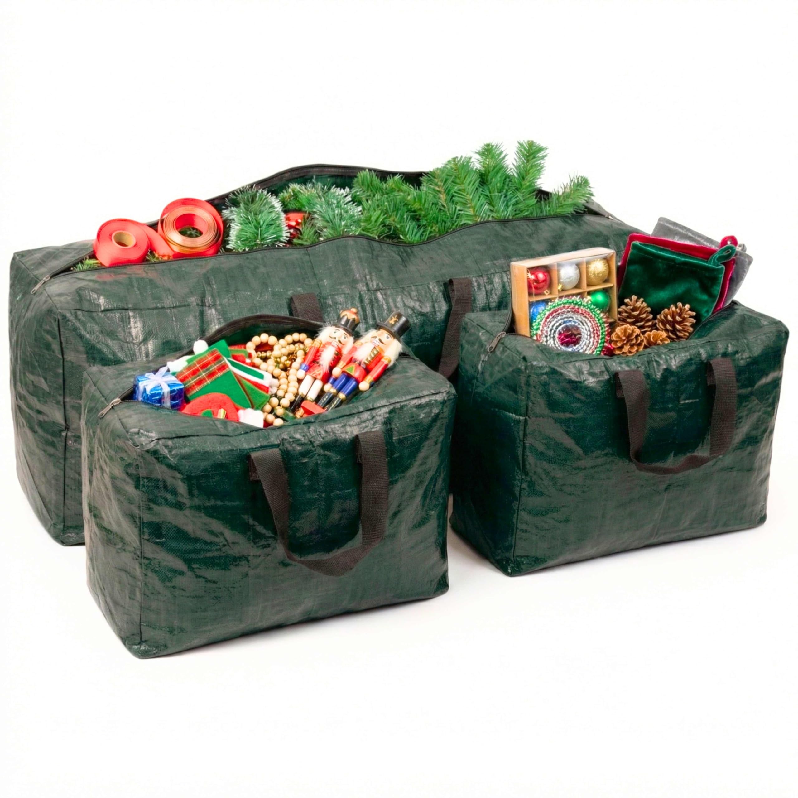 ADEPTNA 3PCS PREMIUM STRONG DURABLE LARGE CHRISTMAS XMAS TREE DECORATIONS STORAGE BAGS – STURDY NYLON HANDLES FOR EASY CARRY (GREEN)