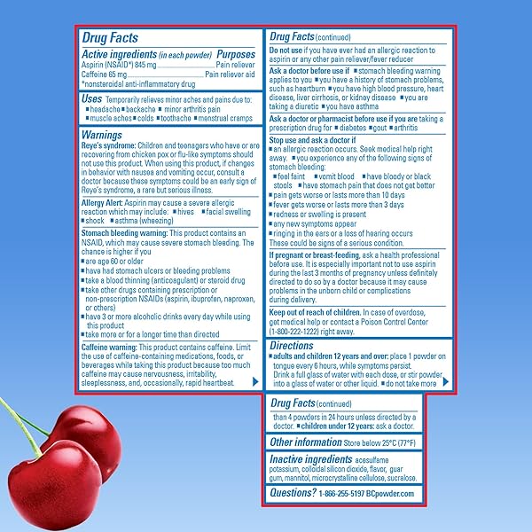 BC POWDER PAIN RELIEVER, CHERRY FLAVOR ASPIRIN DISSOLVE PACKS, 4 COUNT POWDER PACKETS, 6 PACK