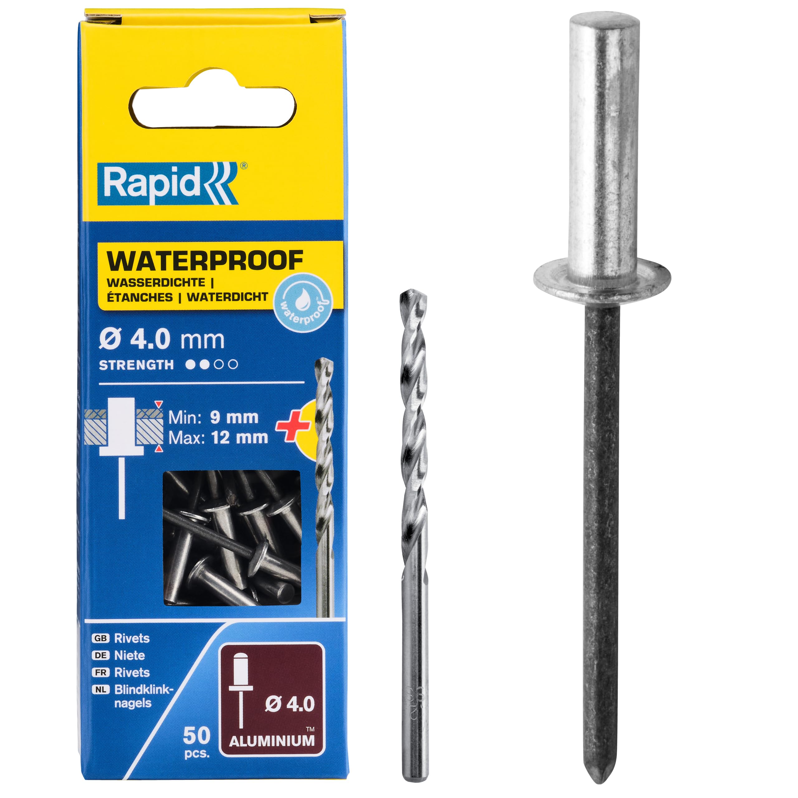 Rapid Rivets Waterproof Rivets Including Drill Piece, 4.8 x 14 mm, 5000402 - 50 Pieces,Silver/ Blue/ Clear