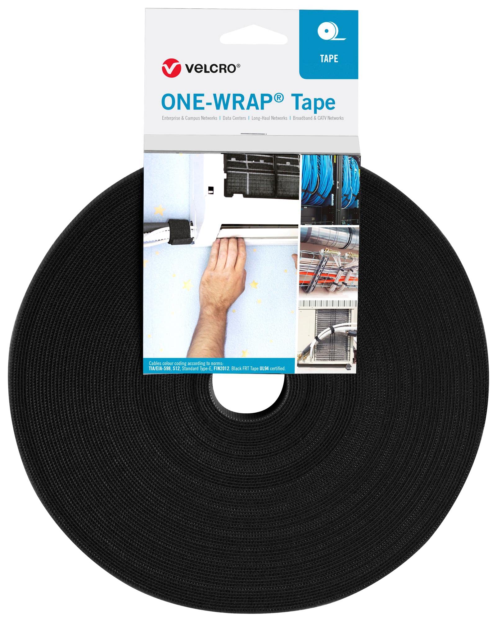 Velcro VEL-OW64128 One Wrap Hook & Loop Tape, Black, Fire Retardant, 16mm x 25000mm