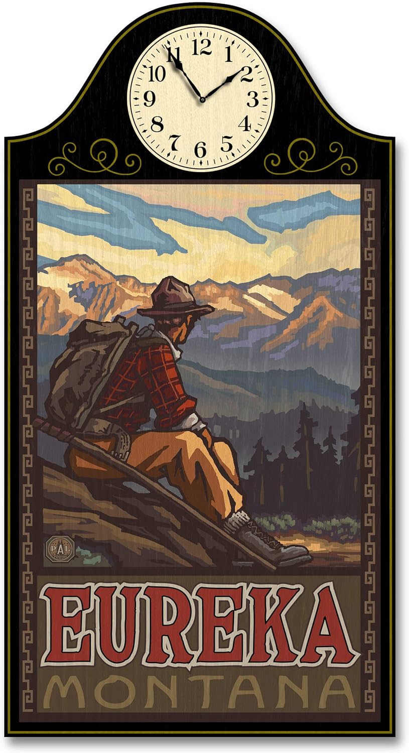 Northwest Art Mall Eureka Montana Mountain Hiker Man Wood Wall Clock for Home & Office from Original Travel Artwork by Artist Paul A. Lanquist 12" x 18" with 5" Clock Face.