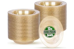 bUCLA 120 Pack Disposable Plastic Bowls - 12oz Clear Gold Glitter Party Bowls for Salads, Desserts, Soups - Premium Disposable for Parties & Thanksgiving