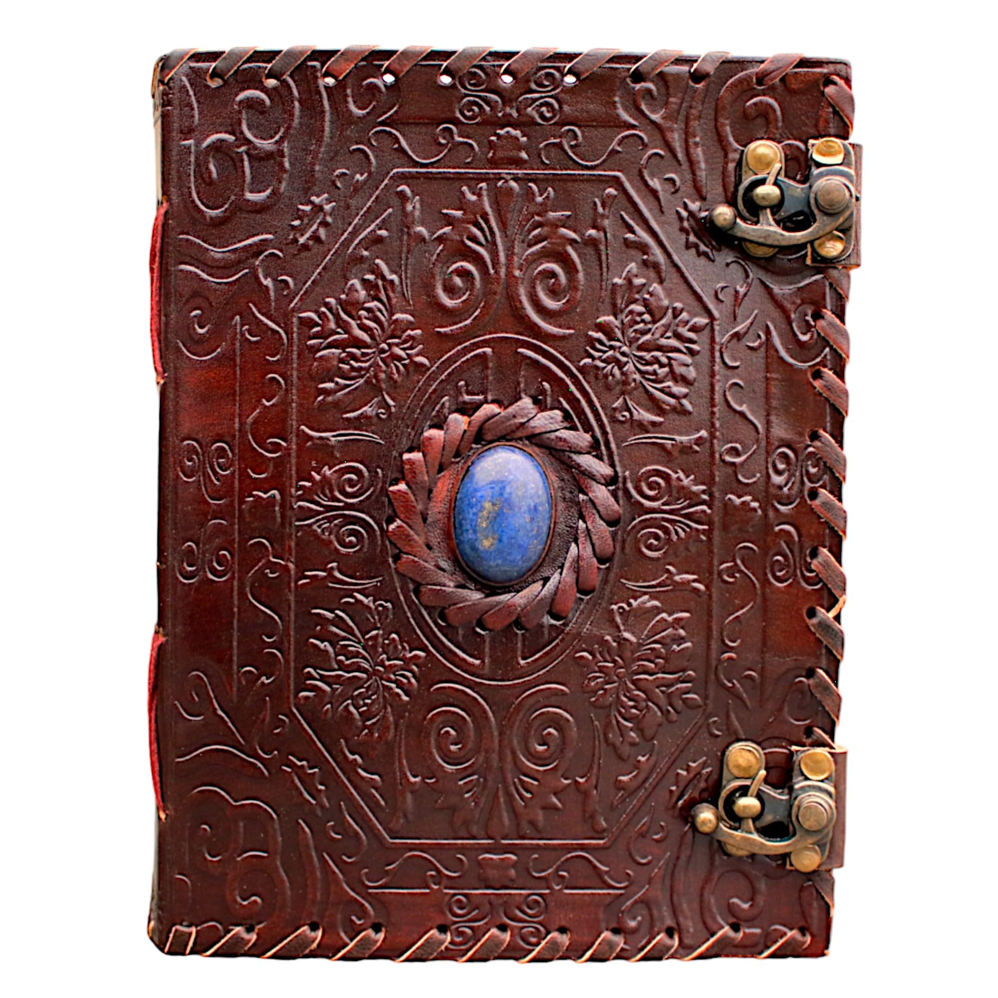 A5 Leather Journal with clasp stone Writing Pad Blank Notebook Handmade Notepad For Men & Women Unlined Paper Best Present Art Sketchbook Travel Diary To Write Book Of Shadows Refillable Grimoire