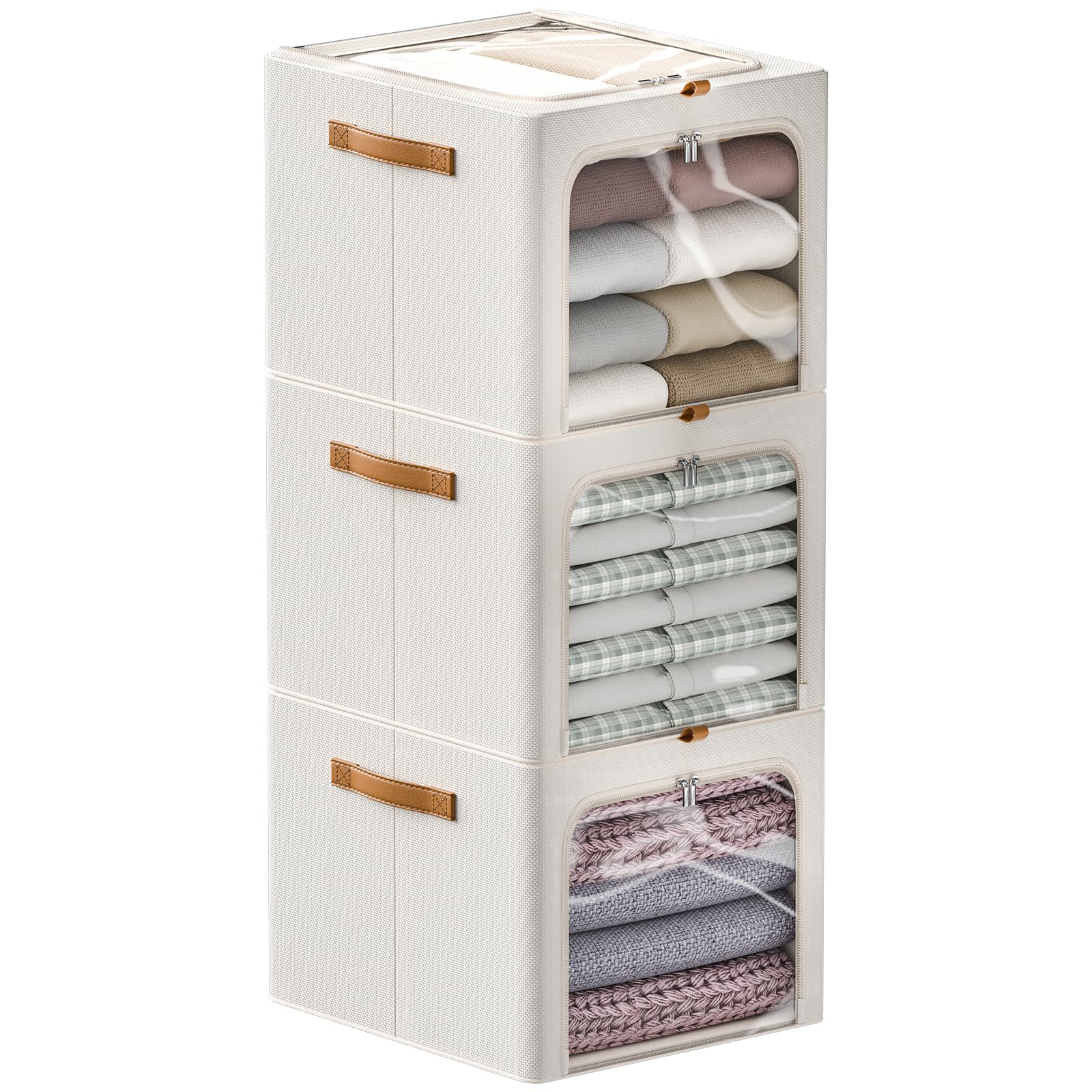 Photo 1 of Chizjox 42L Storage Bins with Lids, Decorative Storage Bins, Fabric Storage with Metal Frame, 3 Pack Shelf Baskets, Closet Organizer Basket with Handles Ivory White