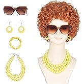 Yan Dream Women Short Curly Red Brown Wig and Glasses Yellow Oversized Jewelry Set Party Cosplay Wig