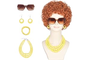 Yan Dream Women Short Curly Red Brown Wig and Glasses Yellow Oversized Jewelry Set Party Cosplay Wig